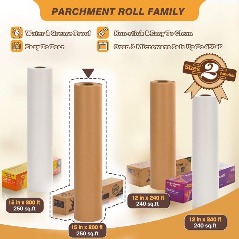 Unbleached 15 x 200 ft Parchment Baking Paper Roll - 250 Sq.Ft, gallery