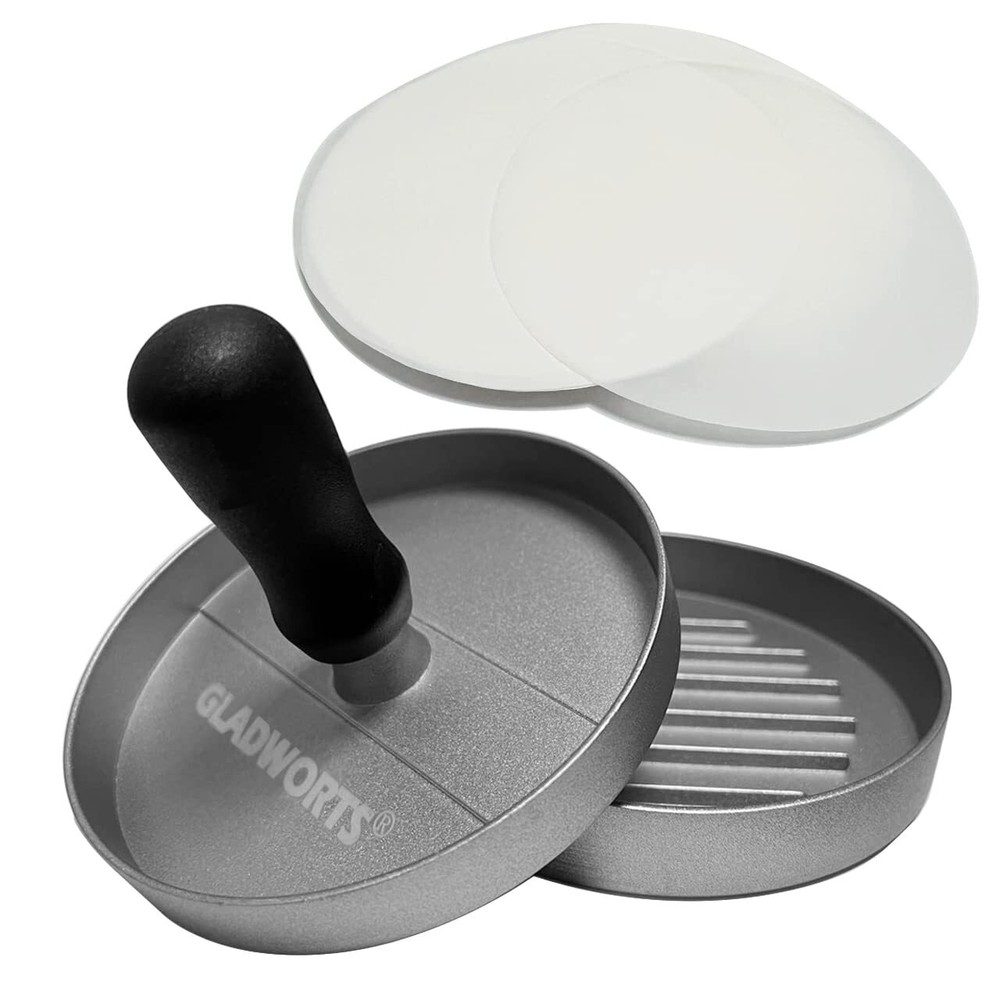 Hamburger Press Patty Maker 100 Non-Stick Papers 1/4 lb 4.5" Aluminum Mold