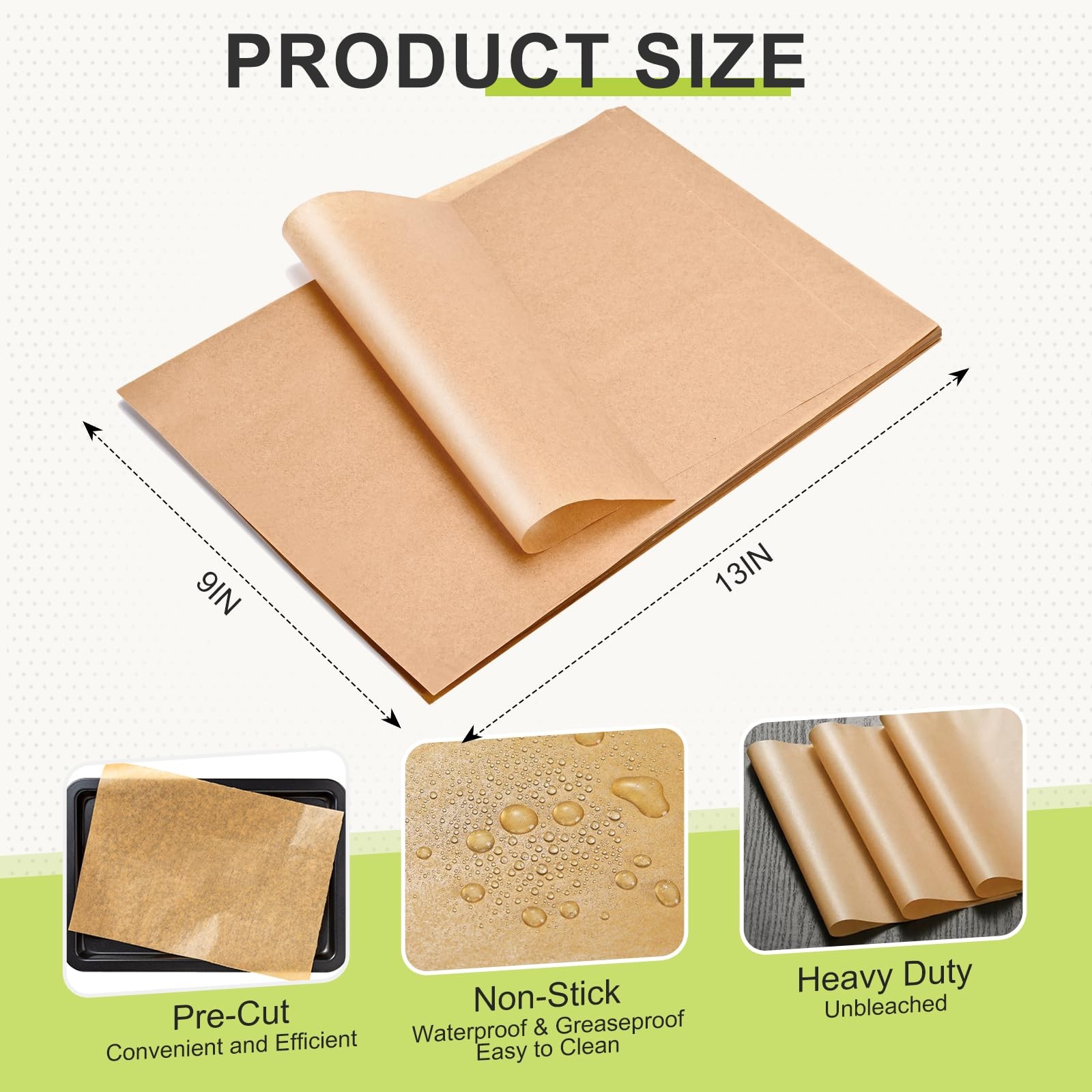 120 PCS Parchment Paper Sheets, 9 x 13 IN Unbleached, Precut 9×13, Unbleached gallery