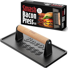 Smash Burger Press Cast Iron Bacon Meat Griddle Weight Pre-Seasoned Wood Handle
