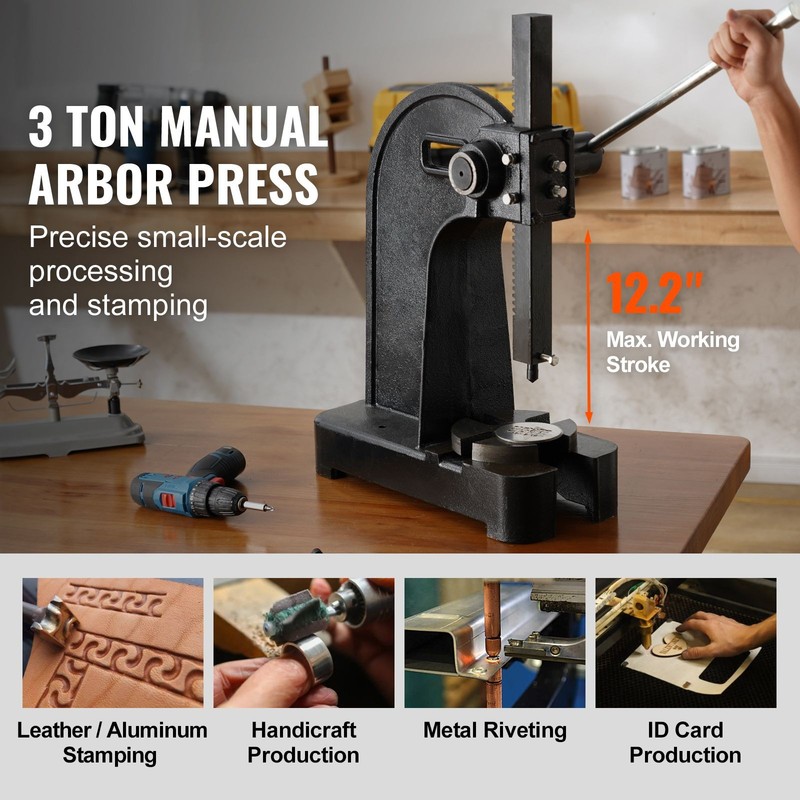 Arbor Press, 3 Ton Manual Arbor Press, 12.2" Maximum Height, Cast Iron Heavy-dut gallery