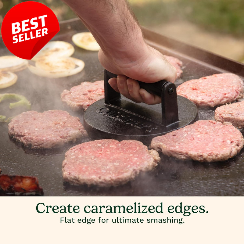 Cast Iron Burger Press 6.5in Round Flat Edge Smash Burger Grill Tool - US gallery