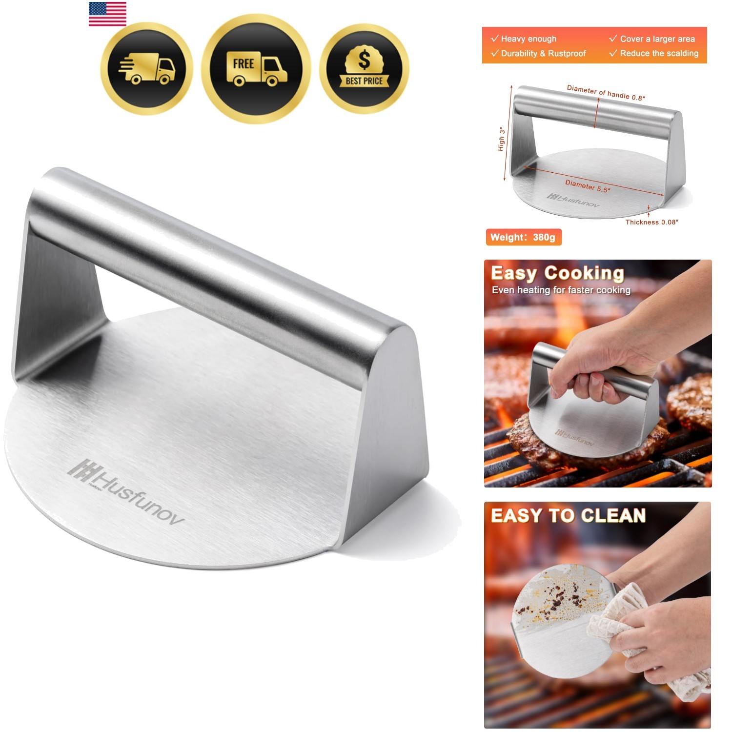 Stainless Steel Burger Press, 5.5 Inch Round Smasher,Non-Stick Smooth Hamburg... gallery