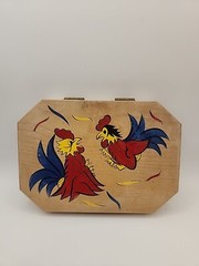 Vintage Wooden Wood Hamburger Press Hand Painted Folk Art Chickens Rooster