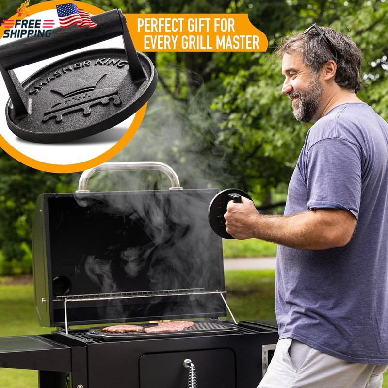 SMASHER KING™ - Premium Cast Iron Smash Burger Press Incl. 25 Pcs of Patty Paper gallery