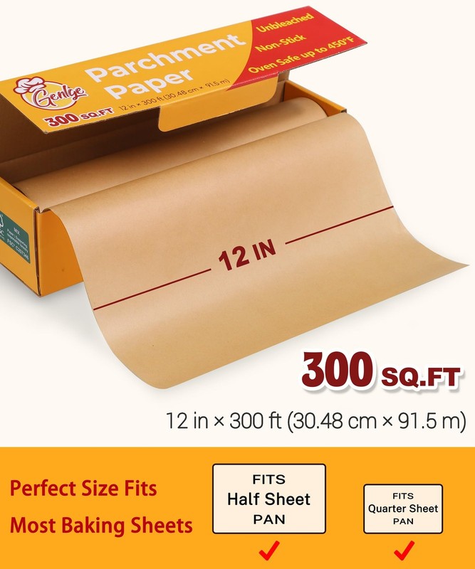GENLGE 300 Sq. Ft Unbleached Parchment Paper Roll – 12" x x 300ft, Brown gallery
