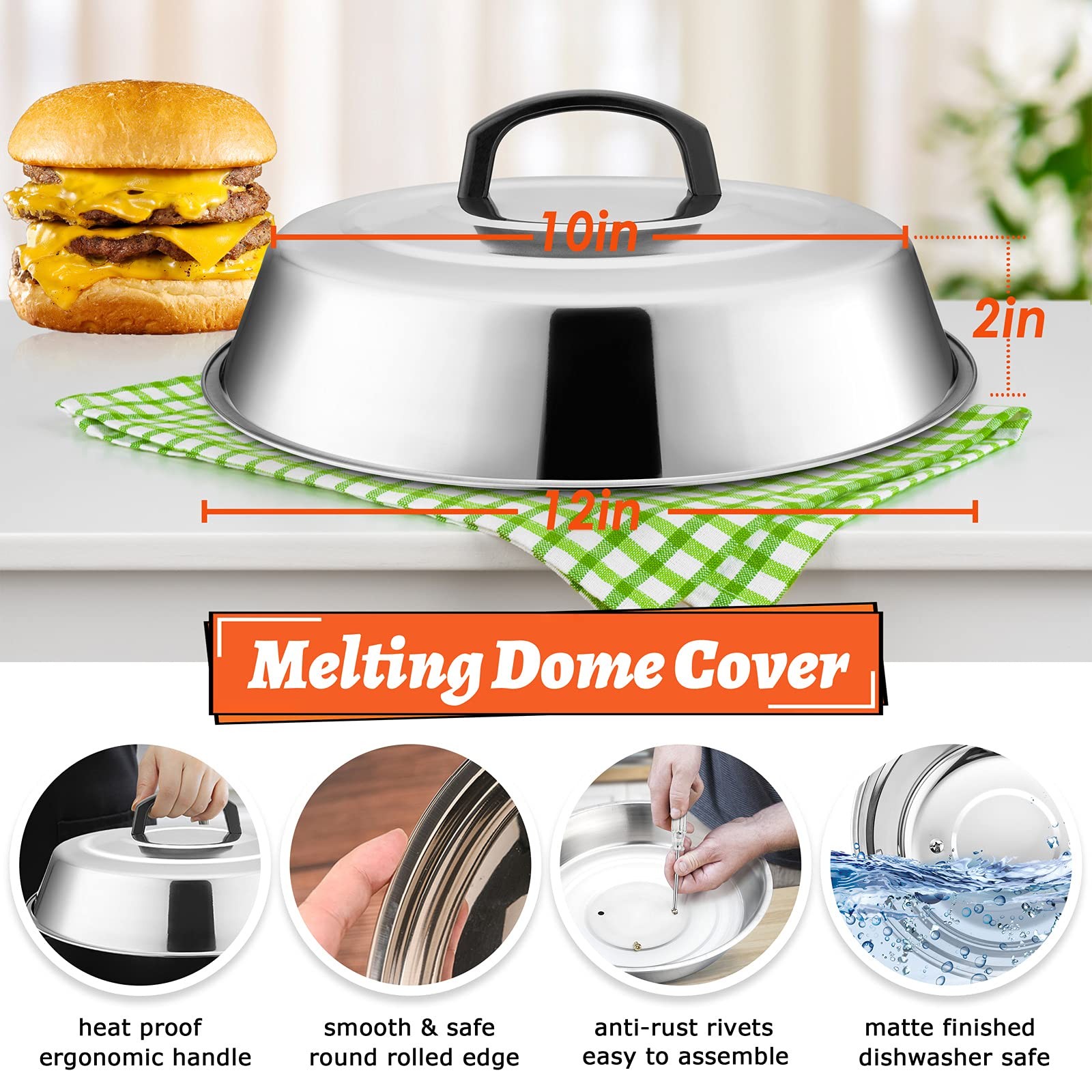 12In Cheese Melting Dome & 7In Cast Iron Grill Press, Stainless Steel Basting... gallery