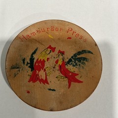 Vintage Wood Hamburger Press Folk Art Hand Painted Red Roosters 6” Hinged Japan