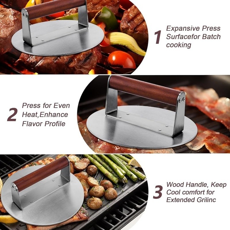 Premium Stainless Steel Burger Press Non-Stick Grill Weight W/ Wood Handle New gallery