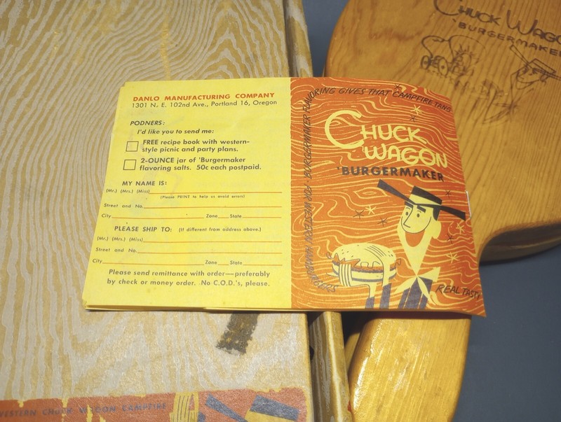 Vintage Chuck Wagon Wood Burger Press Maker Kit With Original Box & Recipe Book gallery