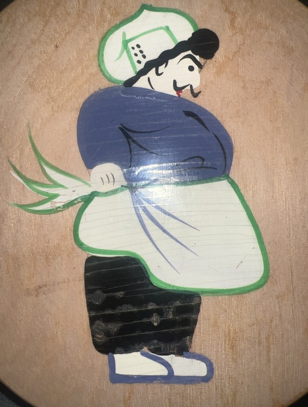 Vntg 50s Wooden Hinged Hamburg Press, Hand Painted Chef, Makes 4”Burger, Japan gallery