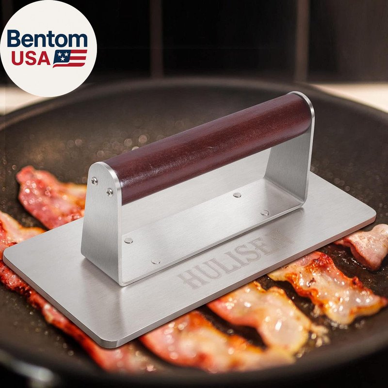 Stainless Steel Bacon Press, 9 Inch Large Heavy Duty Burger Press with Wood Hand gallery