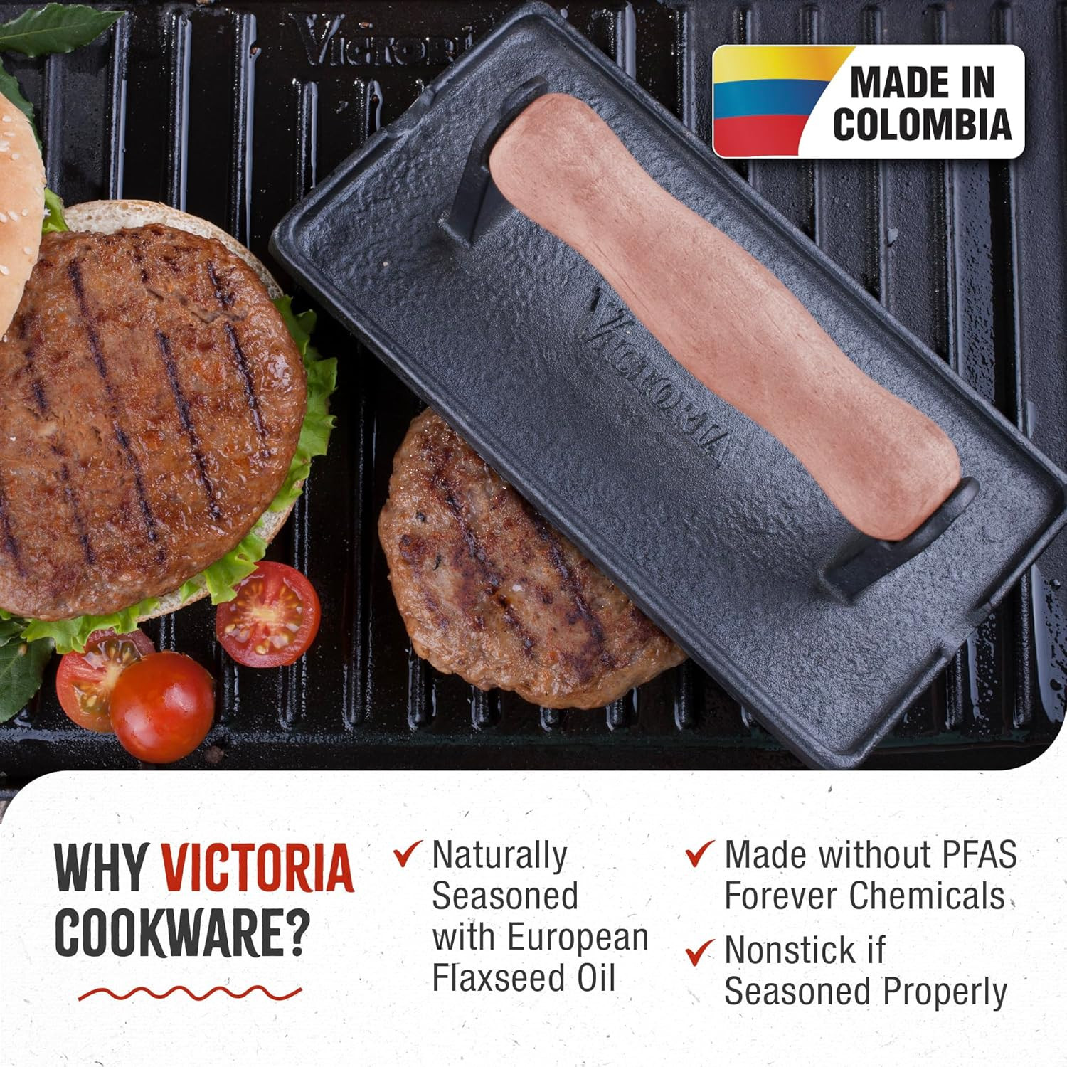 Victoria Cast Iron Panini Press, Burger Press, Bacon Press, Grill Press, Seasone gallery