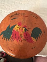 Vintage Painted Roosters Wooden Hamburger Patty Press Made In Japan