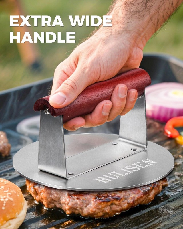 HULISEN 6.2" Stainless Steel Smash Burger Press Wood Handle Griddle Smasher gallery