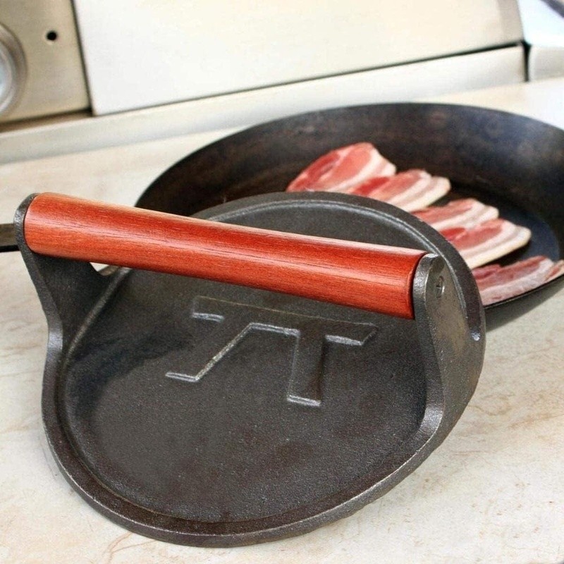 Cast Iron Grill Press Heavy Duty Non Stick Meat Cooking Tool W/ Wooden Handle US gallery
