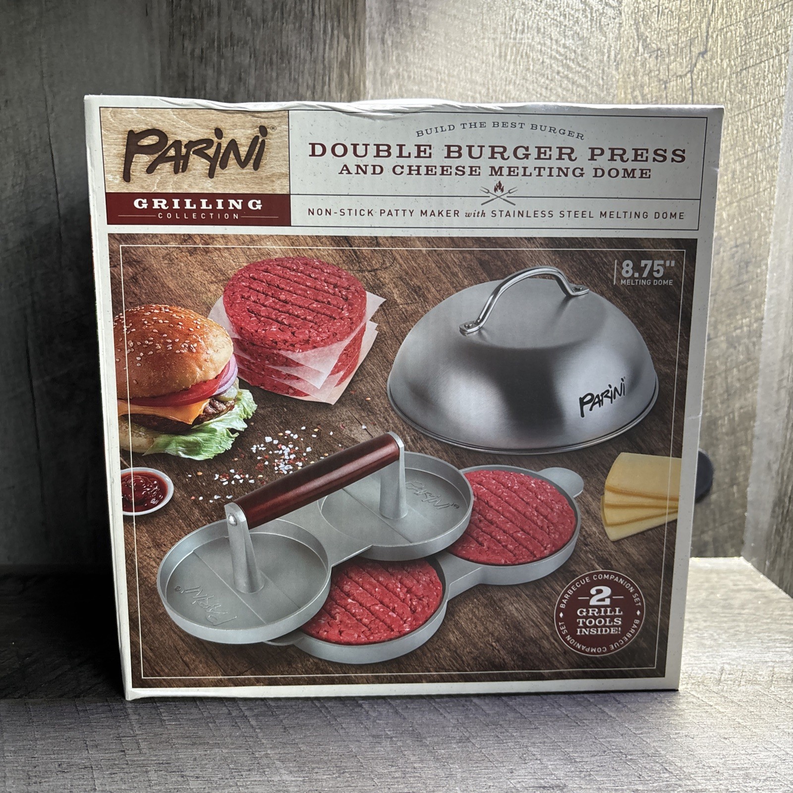 Parini Double Burger Press and Cheese Melting Dome-New in Box gallery
