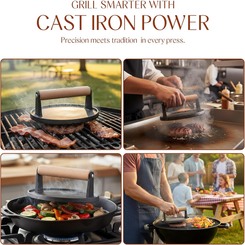 Heavy Duty Cast Iron Smash Burger Press 7" round Grill Press for Cooking Burgers gallery
