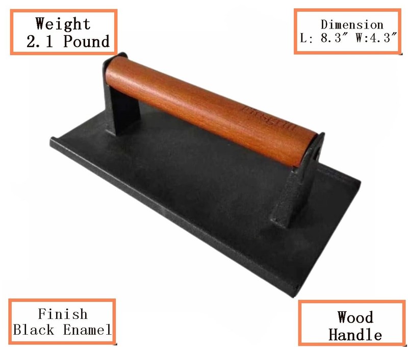 Burger Press 6.6" Round HeavyDuty Cast Iron Smash Meat Steak with Woo gallery
