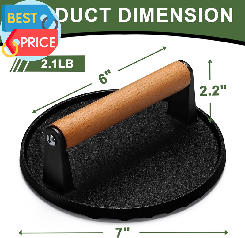 Burger Press, 7" round Heavy-Duty Cast Iron Smash Bacon Press Meat Steak with Wo gallery