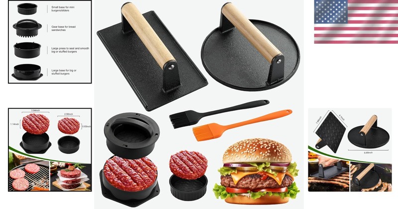 5PCS Smash Burger Press Kit - 4-in-1 Mold with Cast Iron & Brushes Included gallery