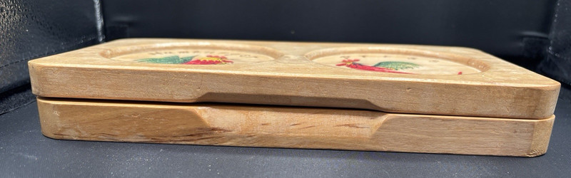 Vtg Wooden Hamburger Press Double Hinged 1950s Red Rooster Farmhouse Rustic gallery