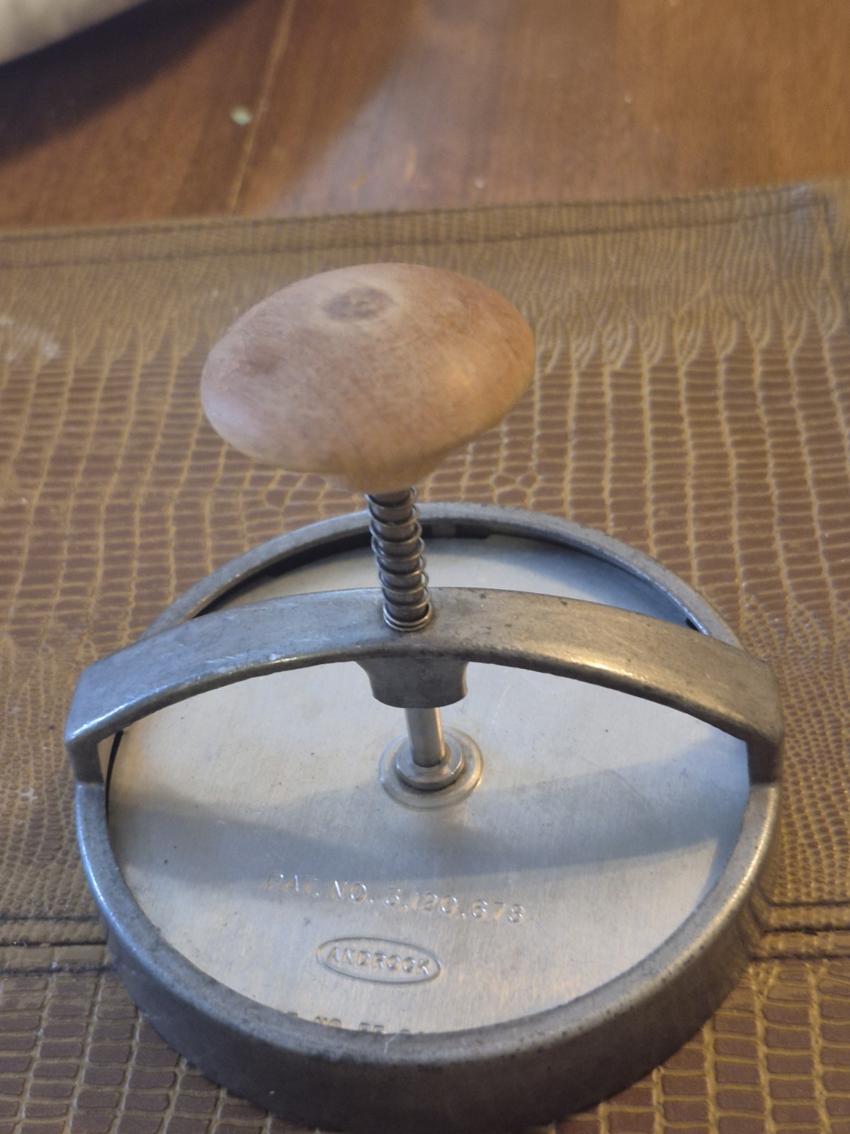 Vintage Androck Hamburger Patty Press — Wood Handle, 1950s Patent No. 24355 gallery
