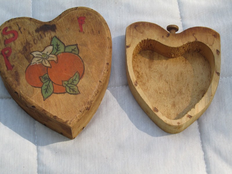 Wooden Hinged Hamburger Press Vintage with wooden Heart Shaped Trinket Box gallery