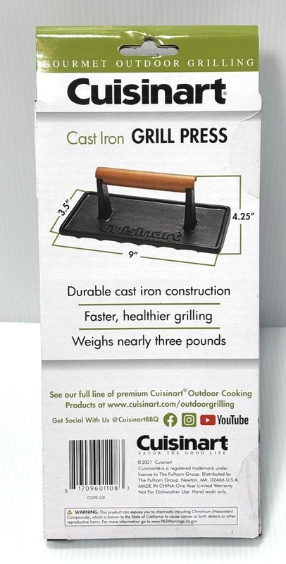 Cuisinart Cast Iron Grill Press Heavy Duty Weight Wood Handle Burger Bacon Press gallery