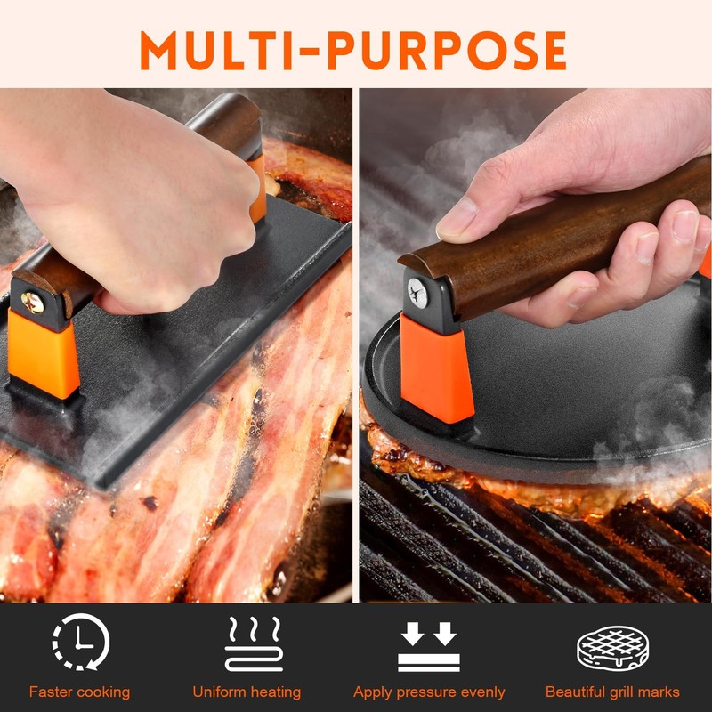 Cast Iron Burger Press Kit 7"Round and 8"x4"Rectangle Smash Set for Grill gallery