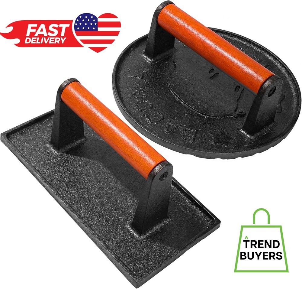Cast Iron Bacon Press for Griddle - Heavy Duty Smash Burger Press with wood hand