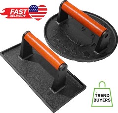 Cast Iron Bacon Press for Griddle – Heavy Duty Smash Burger Press with wood hand