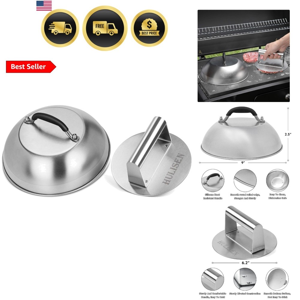 Cheese Melting Dome & Smashed Burger Press, 6.2" Grill Press with 9" Basting ...