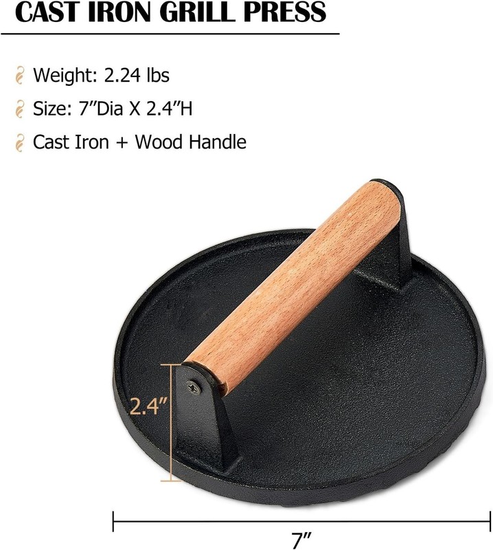 7 Inch Griddle Press Cast Iron Round Smash Grill Press Burger Smasher Bacon Meat gallery