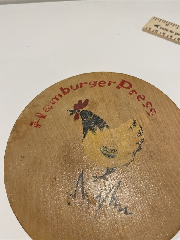 VINTAGE WOODEN HAMBURGER PRESS W/ROOSTER ARTWORK. MADE IN JAPAN. HM gallery