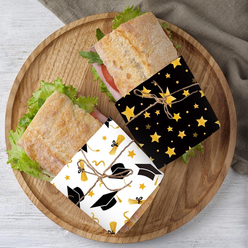 100 Pcs Graduation Wax Paper Deli Wrap Gold Black Graduation Cap Diploma Star Wa gallery
