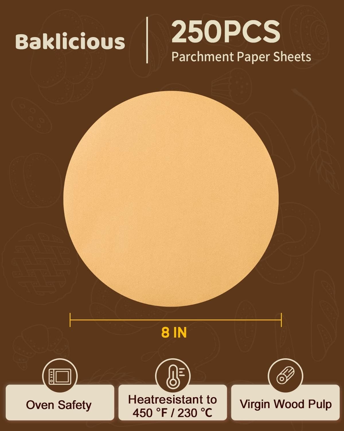 Baklicious 250Pcs 8 Inch Parchment Paper Rounds. 8inch-250-unbleached, Brown gallery
