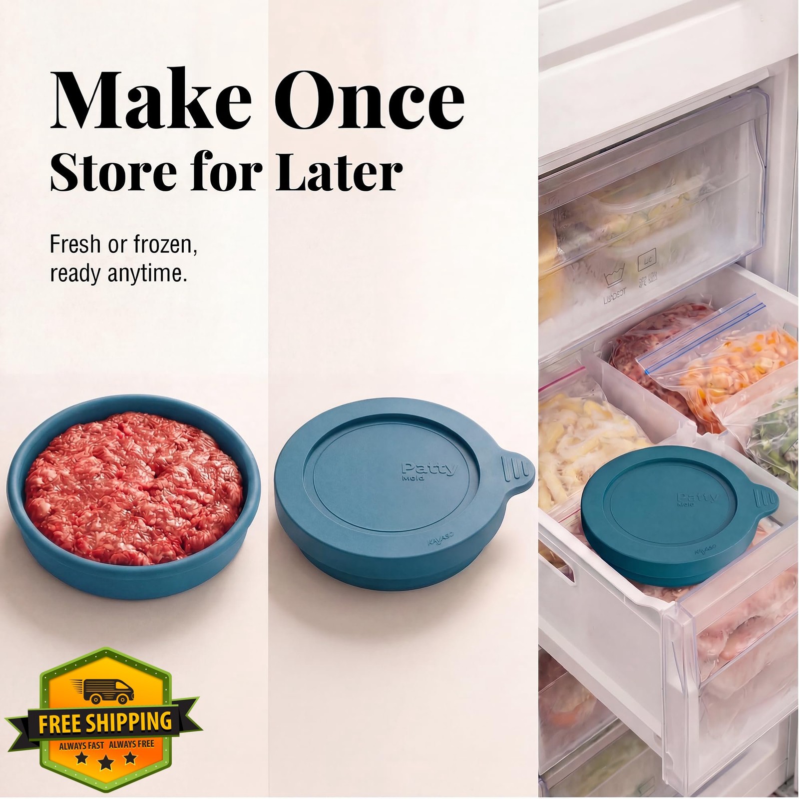 kayaso 4pk Cool Blue Silicone Burger Patty Mold with Lid Freezer gallery