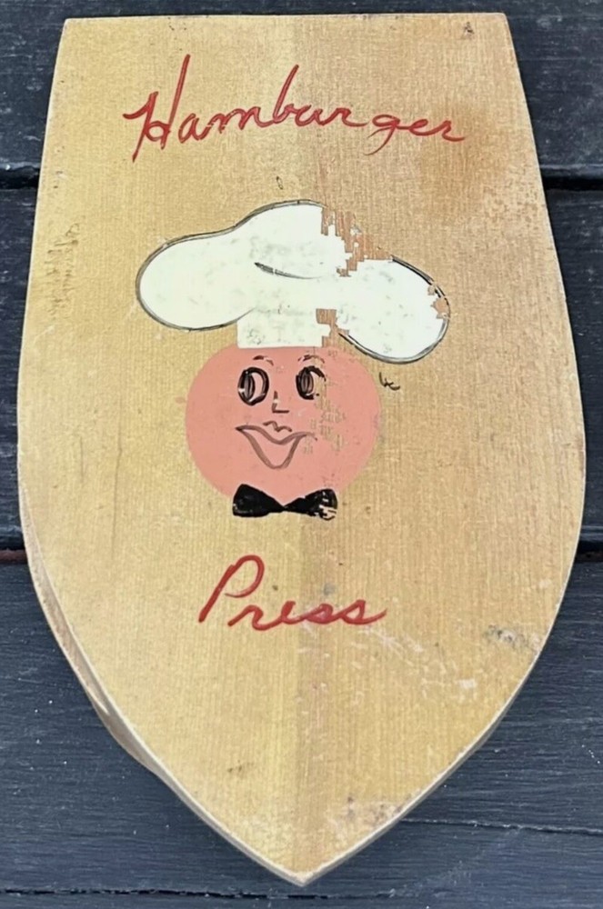 Hand Painted Wooden Hamburger Press - Chef Themed Vintage MCM BBQ Grilling