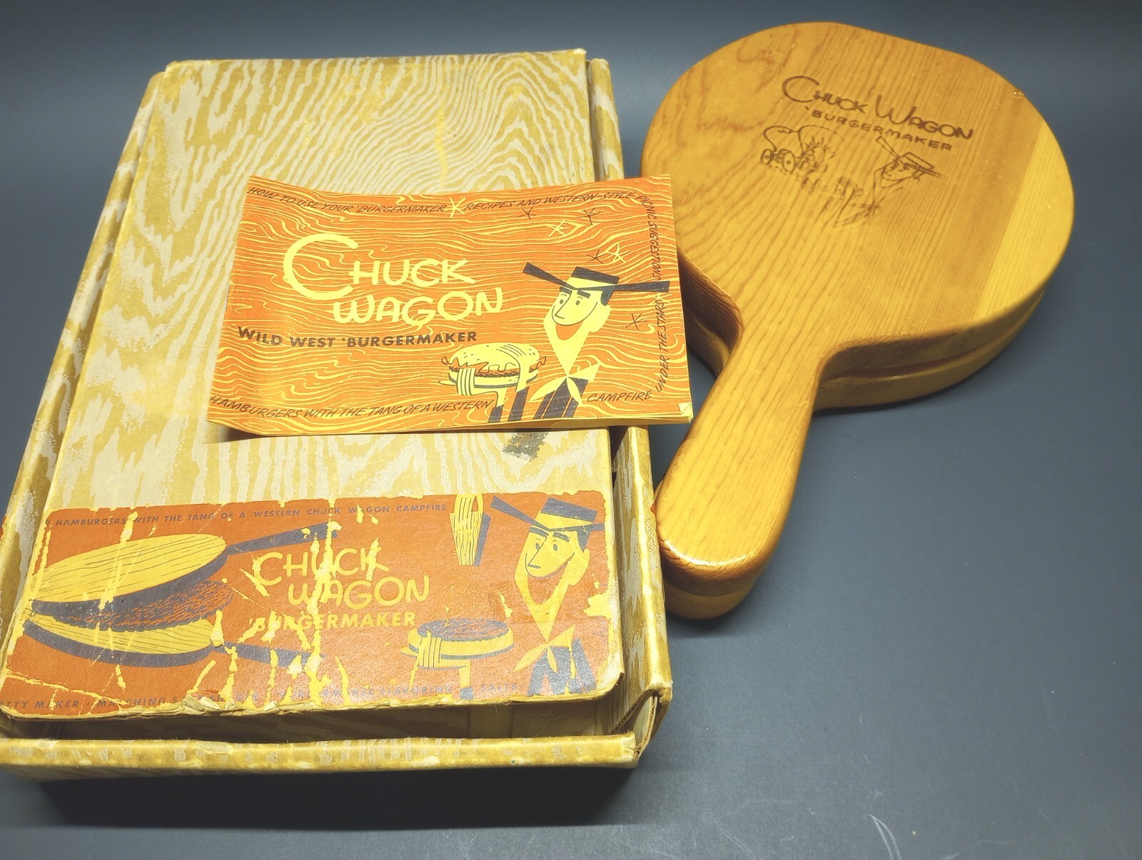 Vintage Chuck Wagon Wood Burger Press Maker Kit With Original Box & Recipe Book gallery