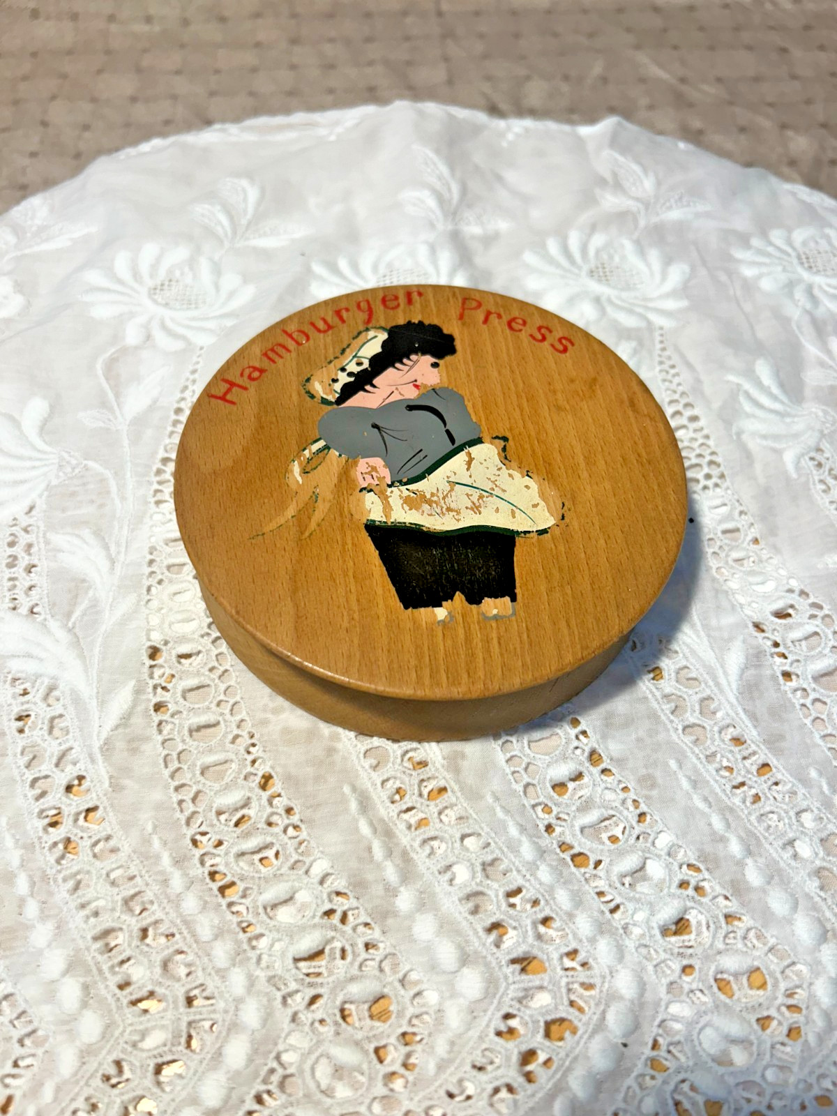 WOODEN HAMBURGER PRESS SMALL PAINTED CHEF VINTAGE gallery