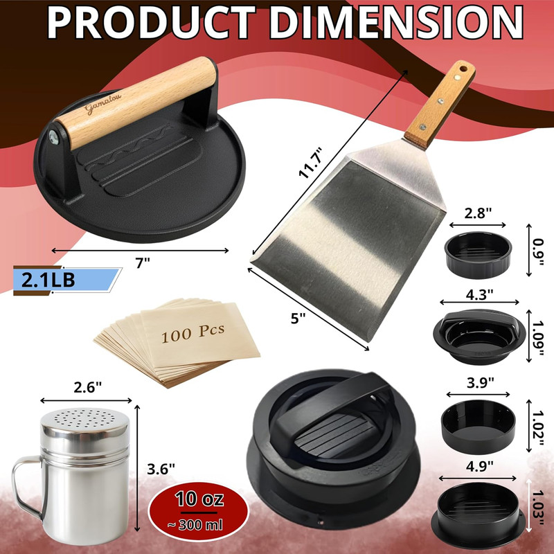 Gamalou® Smash Burger Press Kit: 7” Cast Iron Flat Press, 3-In-1 Hamburger Maker gallery