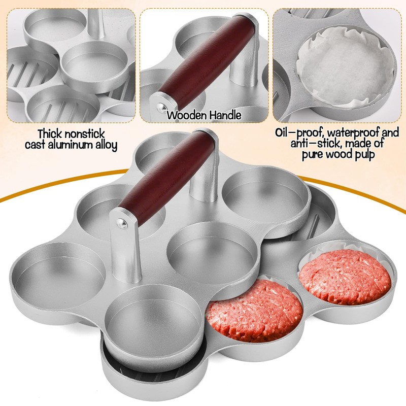 Mini Round Meat Hamburger Patty Maker Burger Press 6 Slots 300 Papers 2.64 In gallery