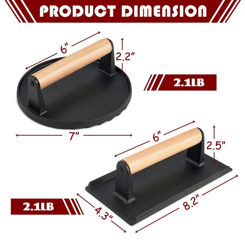 2pcs Cast Iron Bacon Press Smash Burger Press For Teppanyaki Flat Top Griddle He gallery