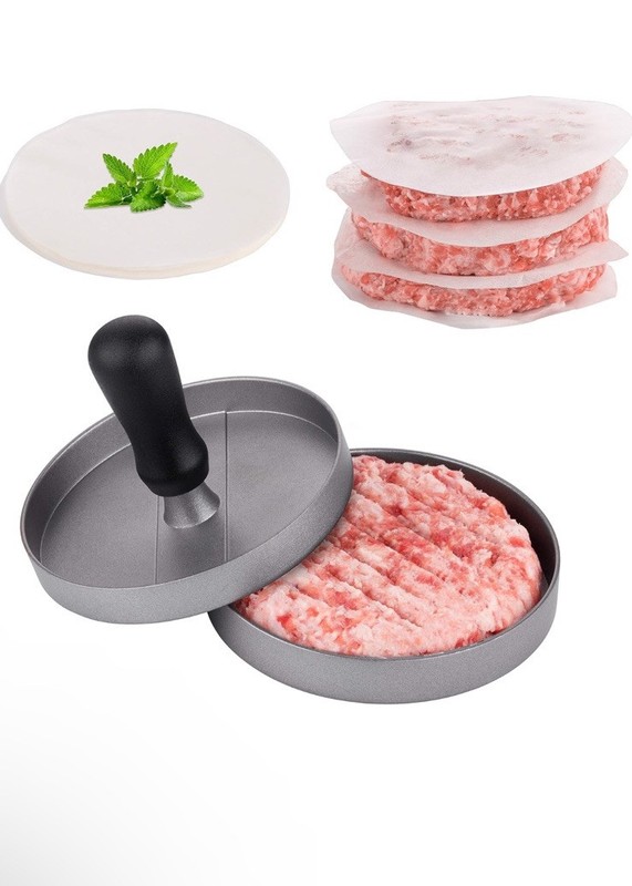 Non-Stick Burger Press Aluminum Hamburger Patty Maker with 100 Wax Papers NIB gallery