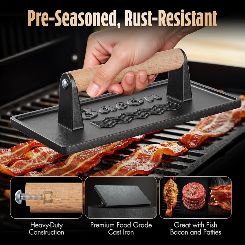 Smash Burger Press Cast Iron Bacon Meat Griddle Weight Pre-Seasoned Wood Handle gallery
