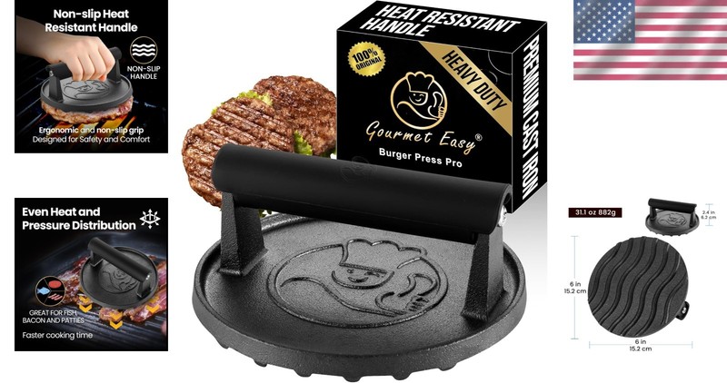 Ultimate 2 lb Cast Iron Hamburger Press - Safe and Flavorful Grilling Tool gallery