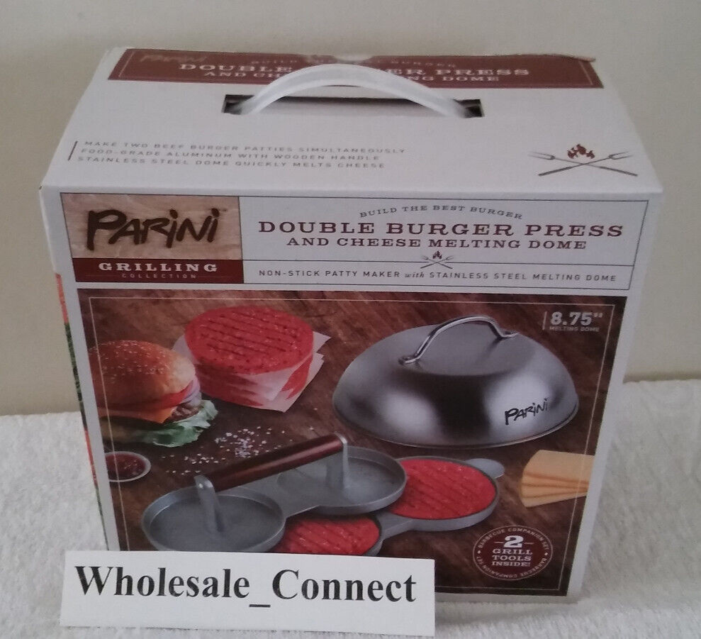 PARINI NON-STICK DOUBLE BURGER PRESS & CHEESE MELTING DOME 8.75" PATTY MAKER NEW