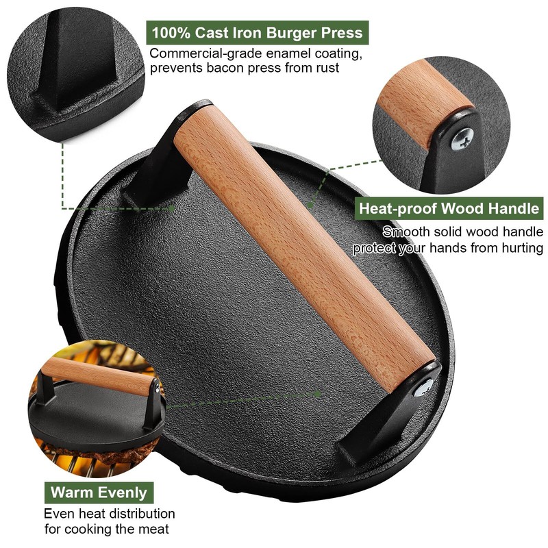Burger Press 7 round HeavyDuty Cast Iron Smash Bacon Press Meat Steak with Wo gallery