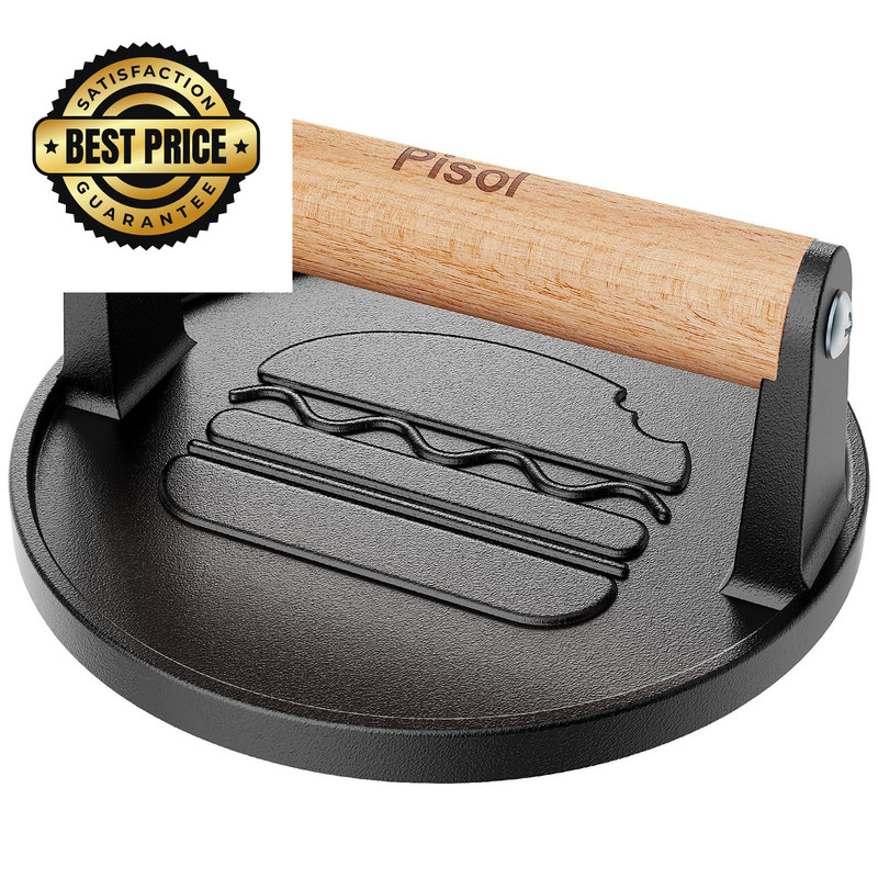 Pisol Smash Burger Press, Pre-Seasoned Cast Iron Hamburger Smasher, 2 Round gallery